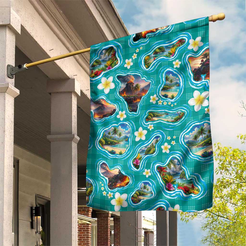 Hawaii Map with Plumeria Flower and Palaka Pattern Garden Flag Tropical Island Teal Design