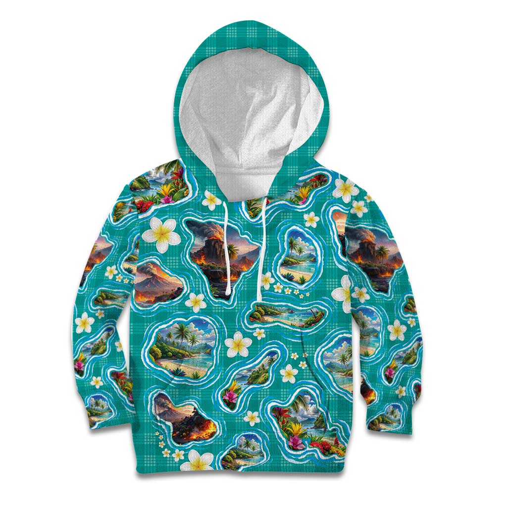 Hawaii Map with Plumeria Flower and Palaka Pattern Kid Hoodie Tropical Island Teal Design