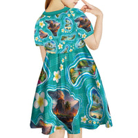 Hawaii Map with Plumeria Flower and Palaka Pattern Kid Short Sleeve Dress Tropical Island Teal Design