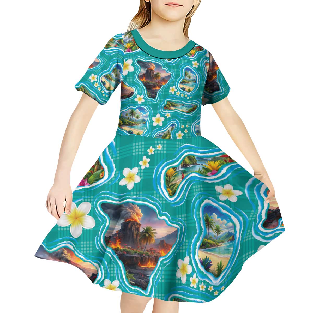 Hawaii Map with Plumeria Flower and Palaka Pattern Kid Short Sleeve Dress Tropical Island Teal Design
