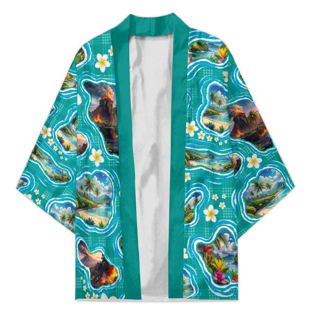 Hawaii Map with Plumeria Flower and Palaka Pattern Kimono Tropical Island Teal Design