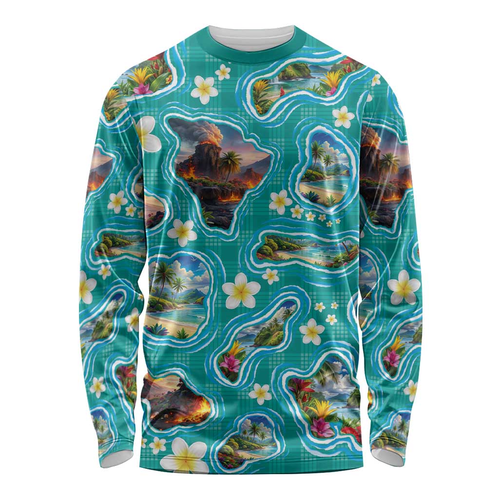 Hawaii Map with Plumeria Flower and Palaka Pattern Long Sleeve Shirt Tropical Island Teal Design
