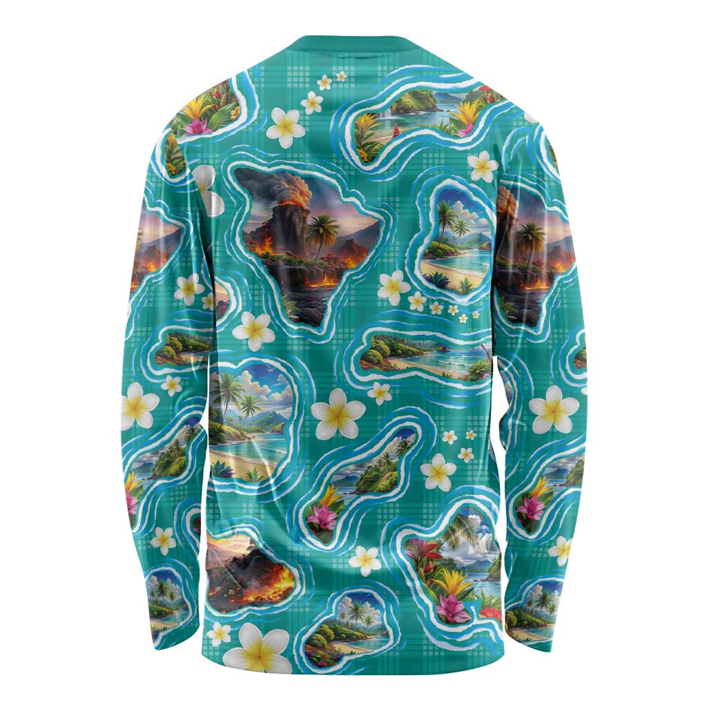 Hawaii Map with Plumeria Flower and Palaka Pattern Long Sleeve Shirt Tropical Island Teal Design