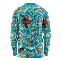 Hawaii Map with Plumeria Flower and Palaka Pattern Long Sleeve Shirt Tropical Island Teal Design