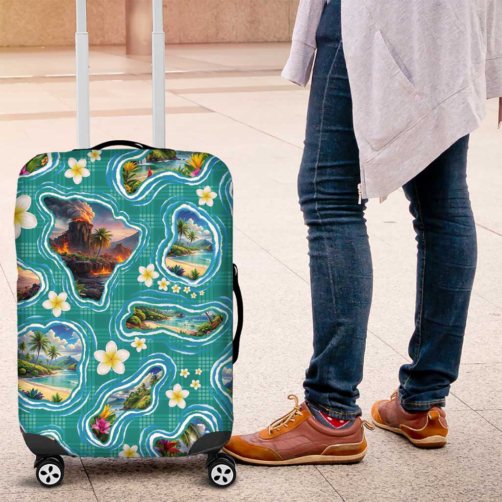 Hawaii Map with Plumeria Flower and Palaka Pattern Luggage Cover Tropical Island Teal Design