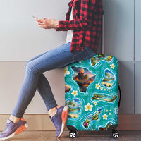 Hawaii Map with Plumeria Flower and Palaka Pattern Luggage Cover Tropical Island Teal Design