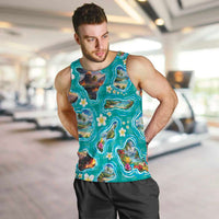 Hawaii Map with Plumeria Flower and Palaka Pattern Men Tank Top Tropical Island Teal Design