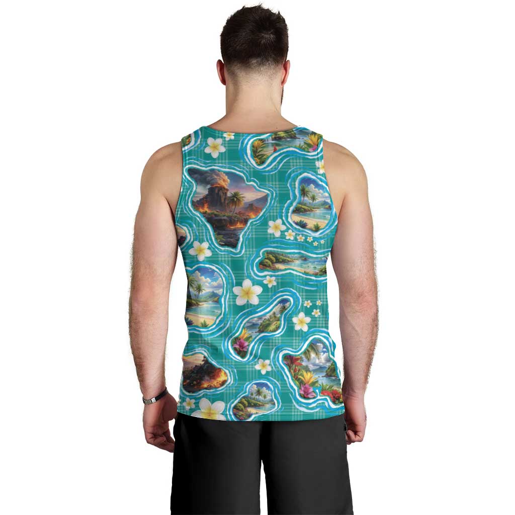 Hawaii Map with Plumeria Flower and Palaka Pattern Men Tank Top Tropical Island Teal Design