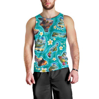 Hawaii Map with Plumeria Flower and Palaka Pattern Men Tank Top Tropical Island Teal Design