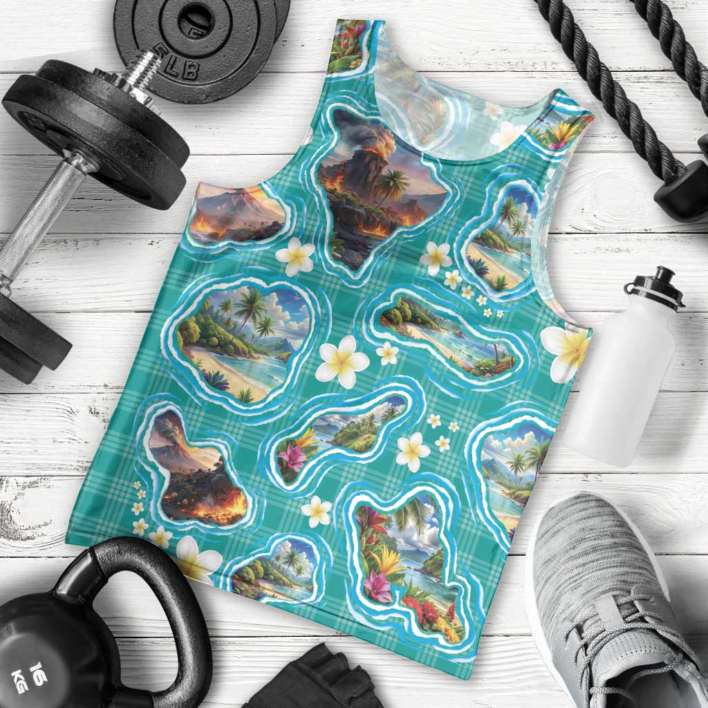 Hawaii Map with Plumeria Flower and Palaka Pattern Men Tank Top Tropical Island Teal Design