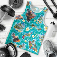 Hawaii Map with Plumeria Flower and Palaka Pattern Men Tank Top Tropical Island Teal Design