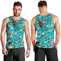 Hawaii Map with Plumeria Flower and Palaka Pattern Men Tank Top Tropical Island Teal Design