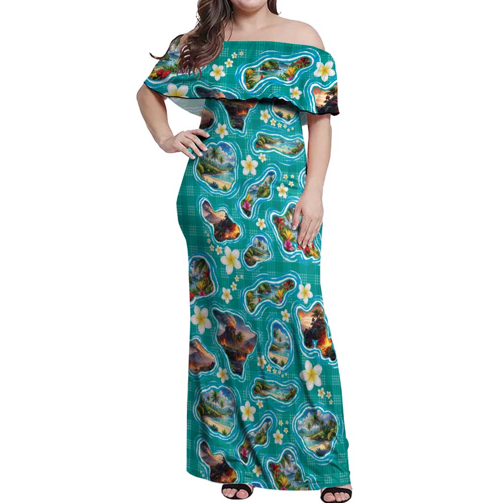 Hawaii Map with Plumeria Flower and Palaka Pattern Off Shoulder Maxi Dress Tropical Island Teal Design
