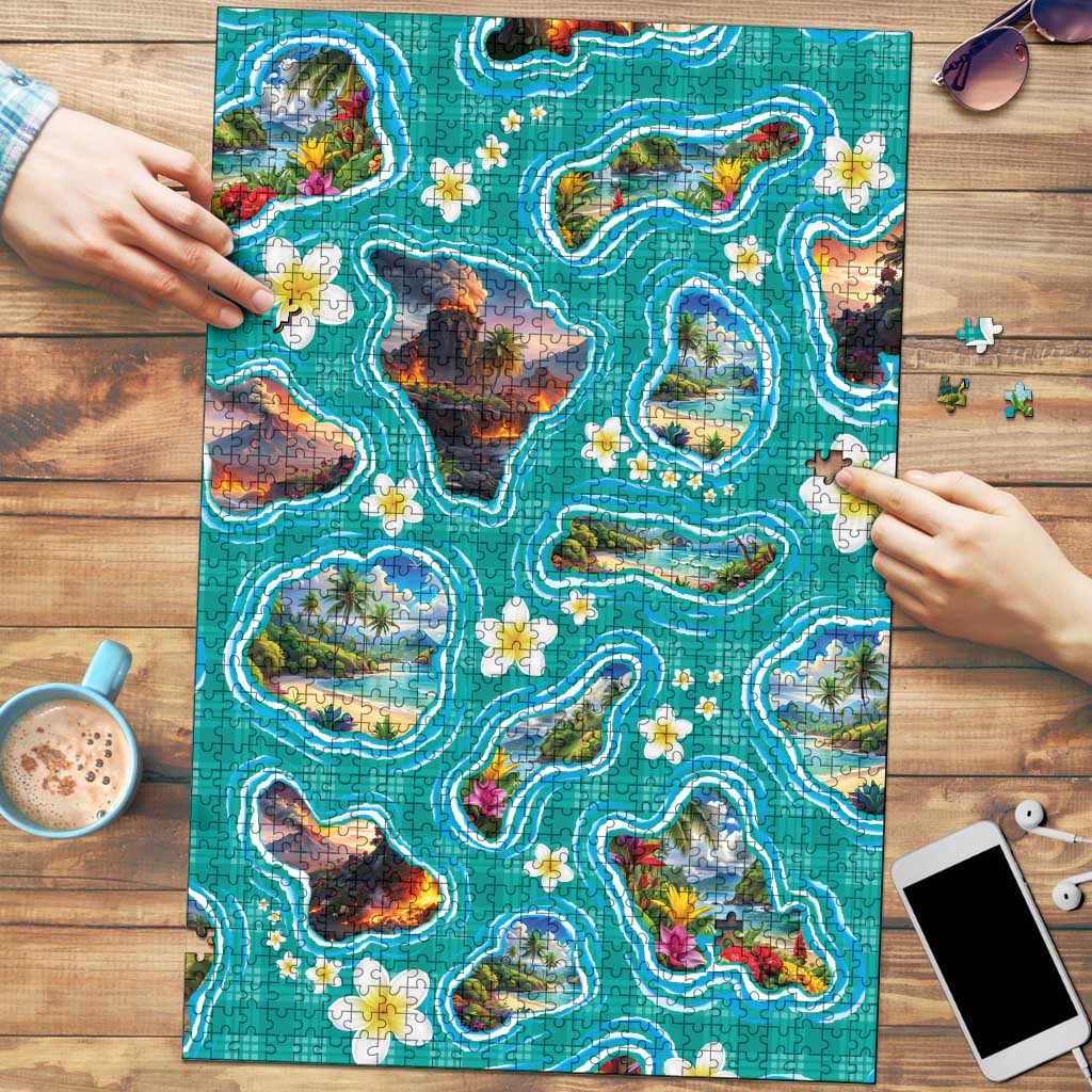 Hawaii Map with Plumeria Flower and Palaka Pattern Puzzle Tropical Island Teal Design LT03 Teal - Polynesian Pride
