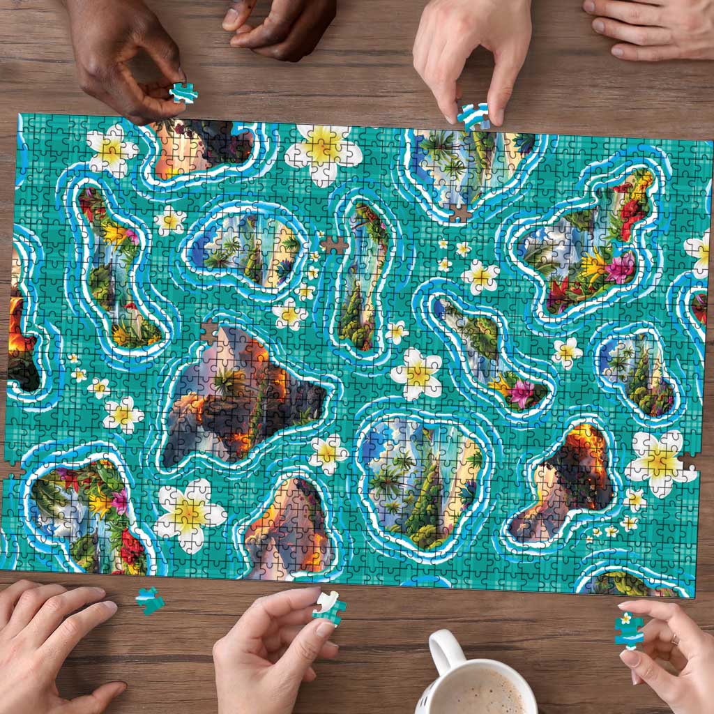 Hawaii Map with Plumeria Flower and Palaka Pattern Puzzle Tropical Island Teal Design LT03 - Polynesian Pride