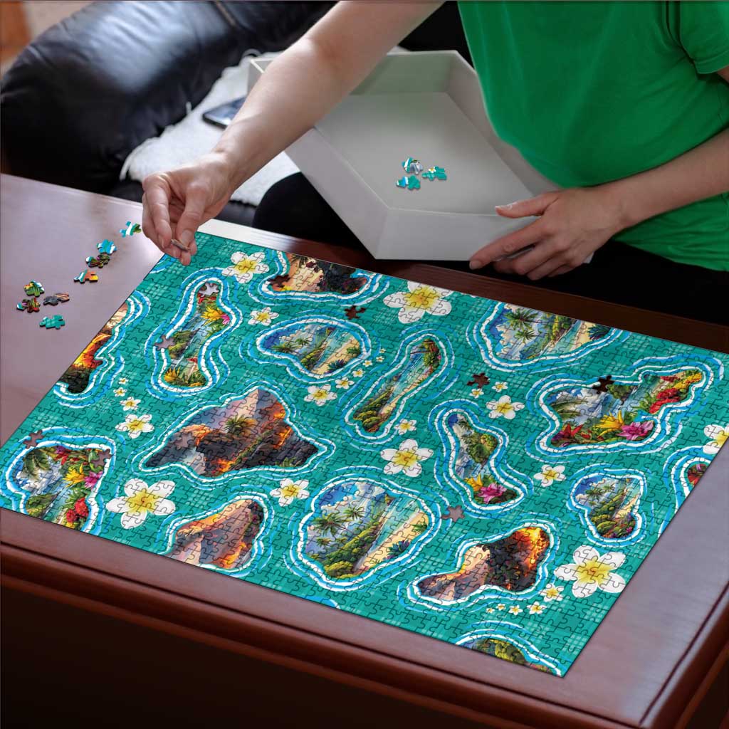 Hawaii Map with Plumeria Flower and Palaka Pattern Puzzle Tropical Island Teal Design LT03 - Polynesian Pride