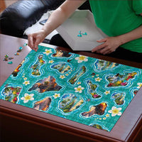 Hawaii Map with Plumeria Flower and Palaka Pattern Puzzle Tropical Island Teal Design LT03 - Polynesian Pride