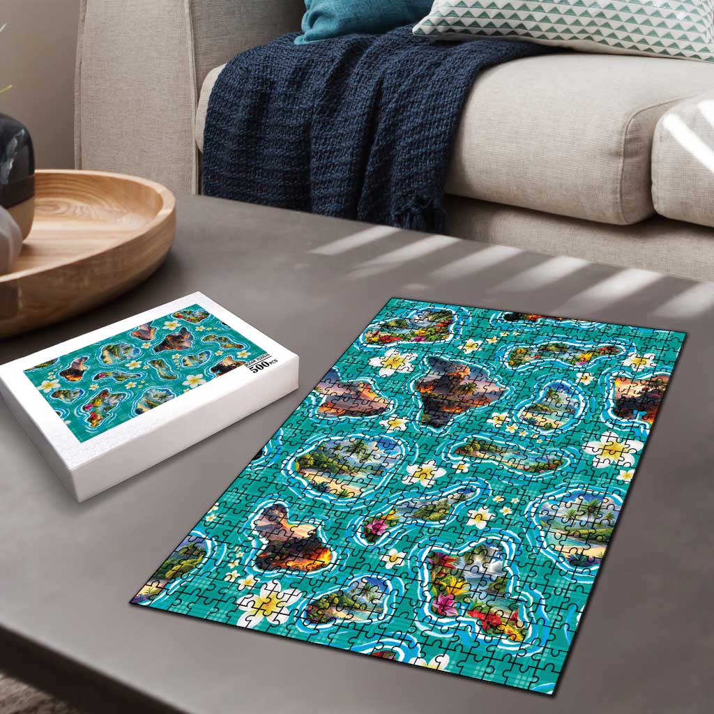 Hawaii Map with Plumeria Flower and Palaka Pattern Puzzle Tropical Island Teal Design LT03 - Polynesian Pride