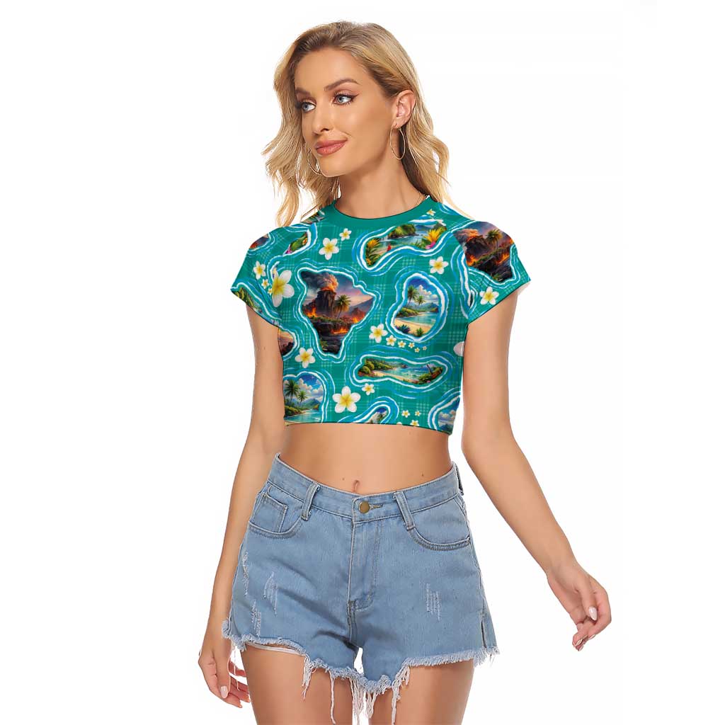 Hawaii Map with Plumeria Flower and Palaka Pattern Raglan Cropped T Shirt Tropical Island Teal Design