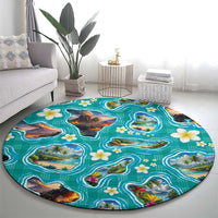 Hawaii Map with Plumeria Flower and Palaka Pattern Round Carpet Tropical Island Teal Design