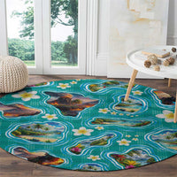 Hawaii Map with Plumeria Flower and Palaka Pattern Round Carpet Tropical Island Teal Design