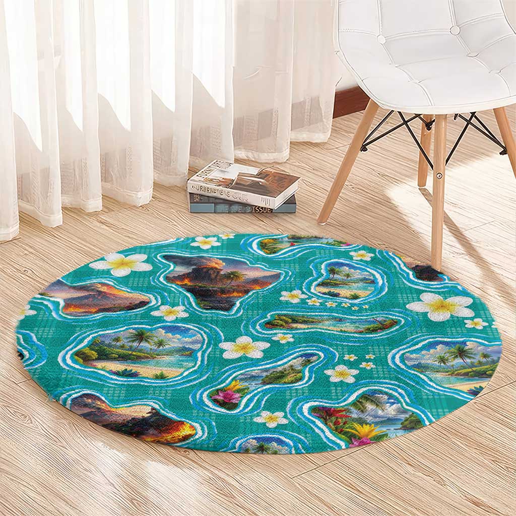 Hawaii Map with Plumeria Flower and Palaka Pattern Round Carpet Tropical Island Teal Design