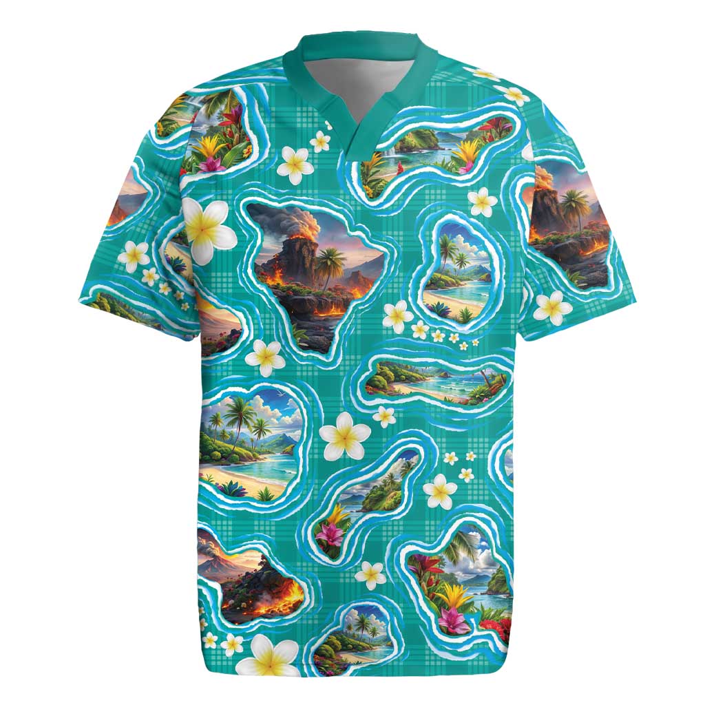 Hawaii Map with Plumeria Flower and Palaka Pattern Rugby Jersey Tropical Island Teal Design