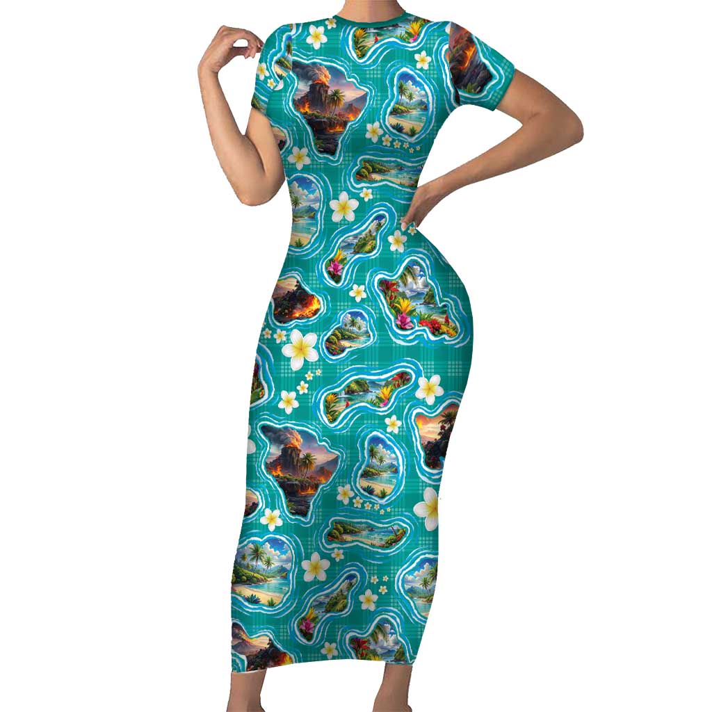 Hawaii Map with Plumeria Flower and Palaka Pattern Short Sleeve Bodycon Dress Tropical Island Teal Design