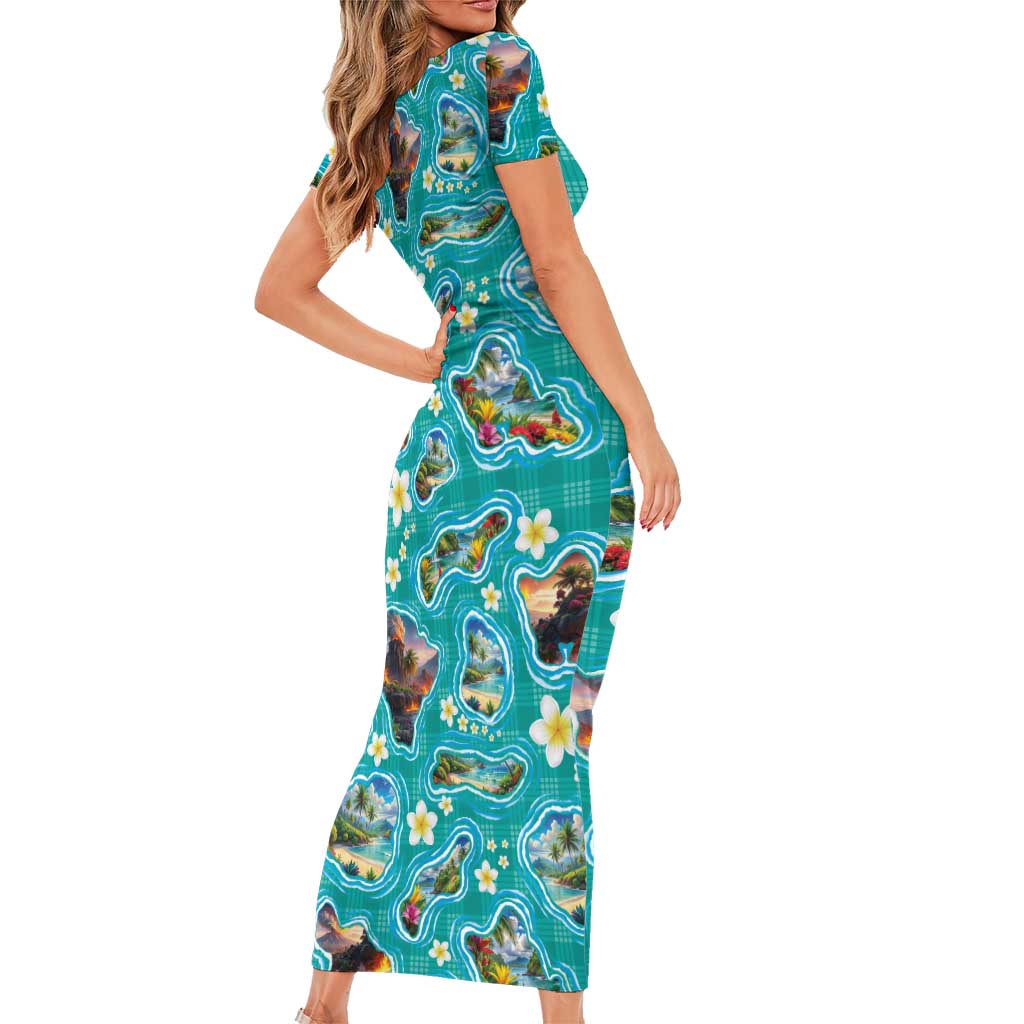 Hawaii Map with Plumeria Flower and Palaka Pattern Short Sleeve Bodycon Dress Tropical Island Teal Design