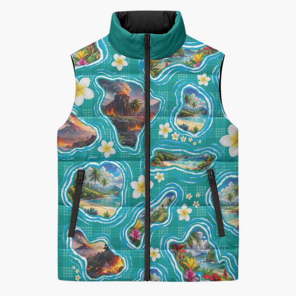 Hawaii Map with Plumeria Flower and Palaka Pattern Sleeveless Puffer Jacket Tropical Island Teal Design