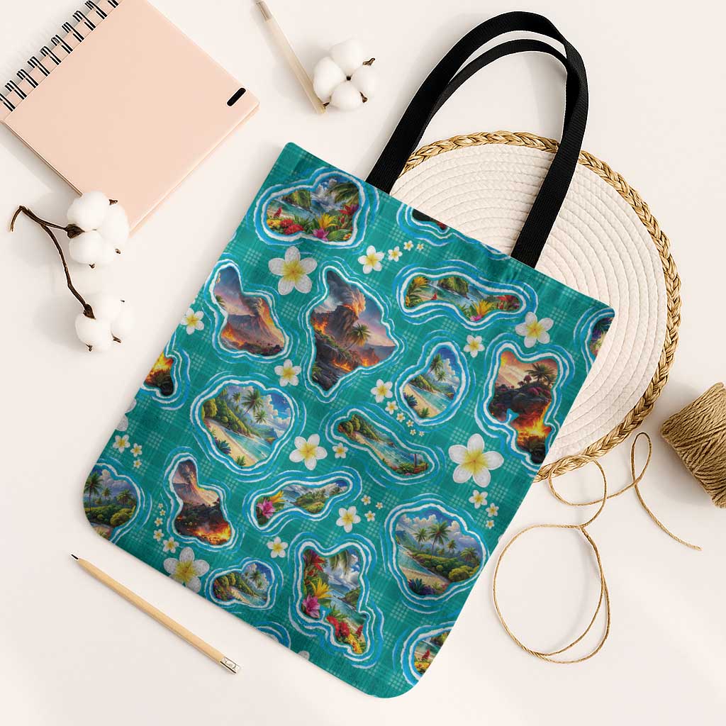 Hawaii Map with Plumeria Flower and Palaka Pattern Tote Bag Tropical Island Teal Design LT03 Black Strap One Size Teal - Polynesian Pride
