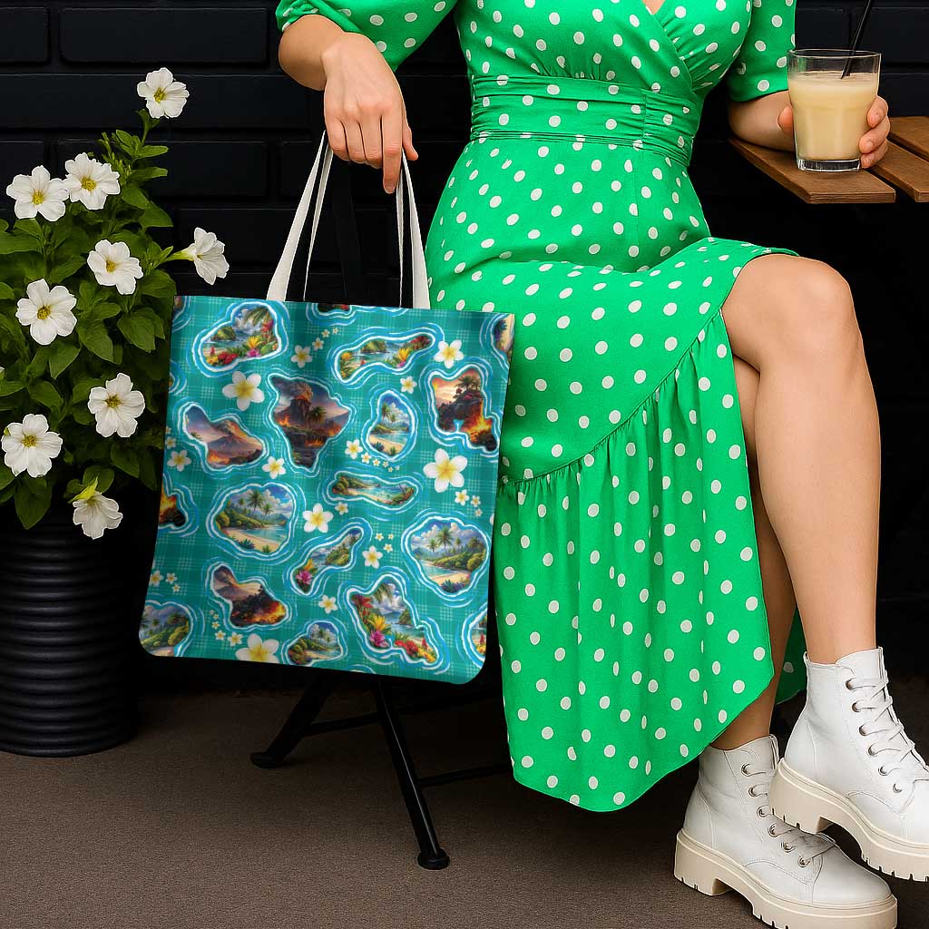 Hawaii Map with Plumeria Flower and Palaka Pattern Tote Bag Tropical Island Teal Design LT03 - Polynesian Pride