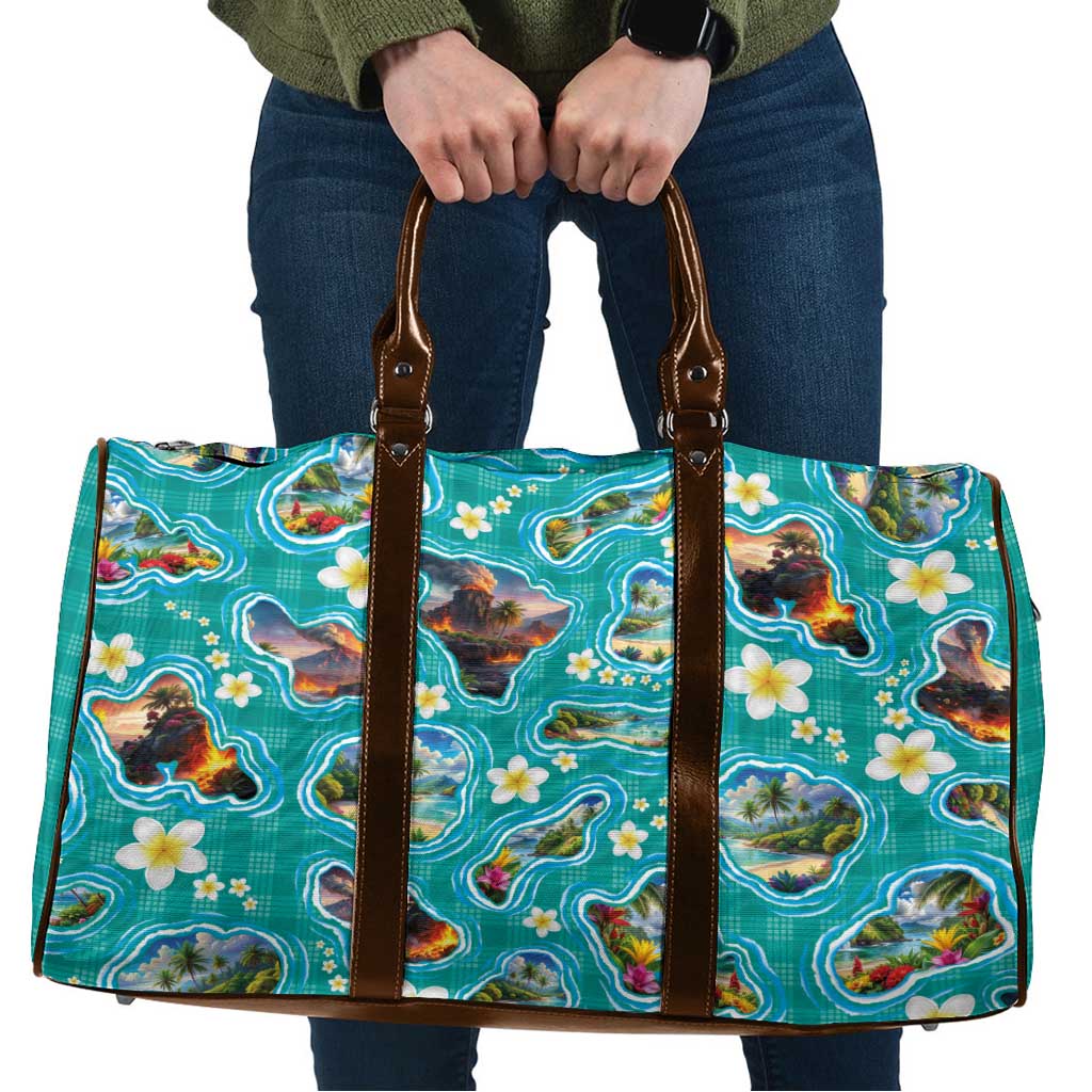 Hawaii Map with Plumeria Flower and Palaka Pattern Travel Bag Tropical Island Teal Design