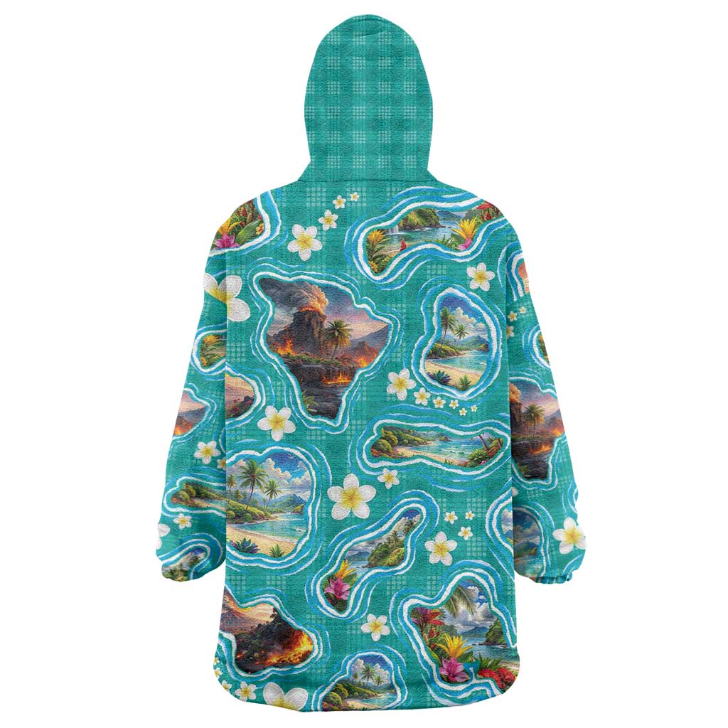 Hawaii Map with Plumeria Flower and Palaka Pattern Wearable Blanket Hoodie Tropical Island Teal Design