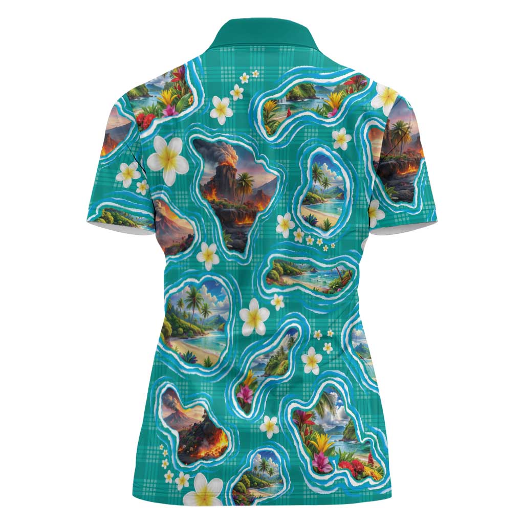 Hawaii Map with Plumeria Flower and Palaka Pattern Women Polo Shirt Tropical Island Teal Design