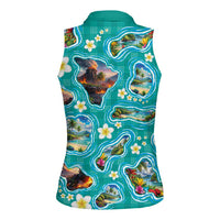 Hawaii Map with Plumeria Flower and Palaka Pattern Women Sleeveless Polo Shirt Tropical Island Teal Design