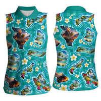 Hawaii Map with Plumeria Flower and Palaka Pattern Women Sleeveless Polo Shirt Tropical Island Teal Design