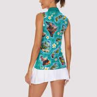 Hawaii Map with Plumeria Flower and Palaka Pattern Women Sleeveless Polo Shirt Tropical Island Teal Design
