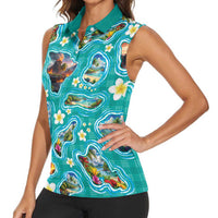 Hawaii Map with Plumeria Flower and Palaka Pattern Women Sleeveless Polo Shirt Tropical Island Teal Design