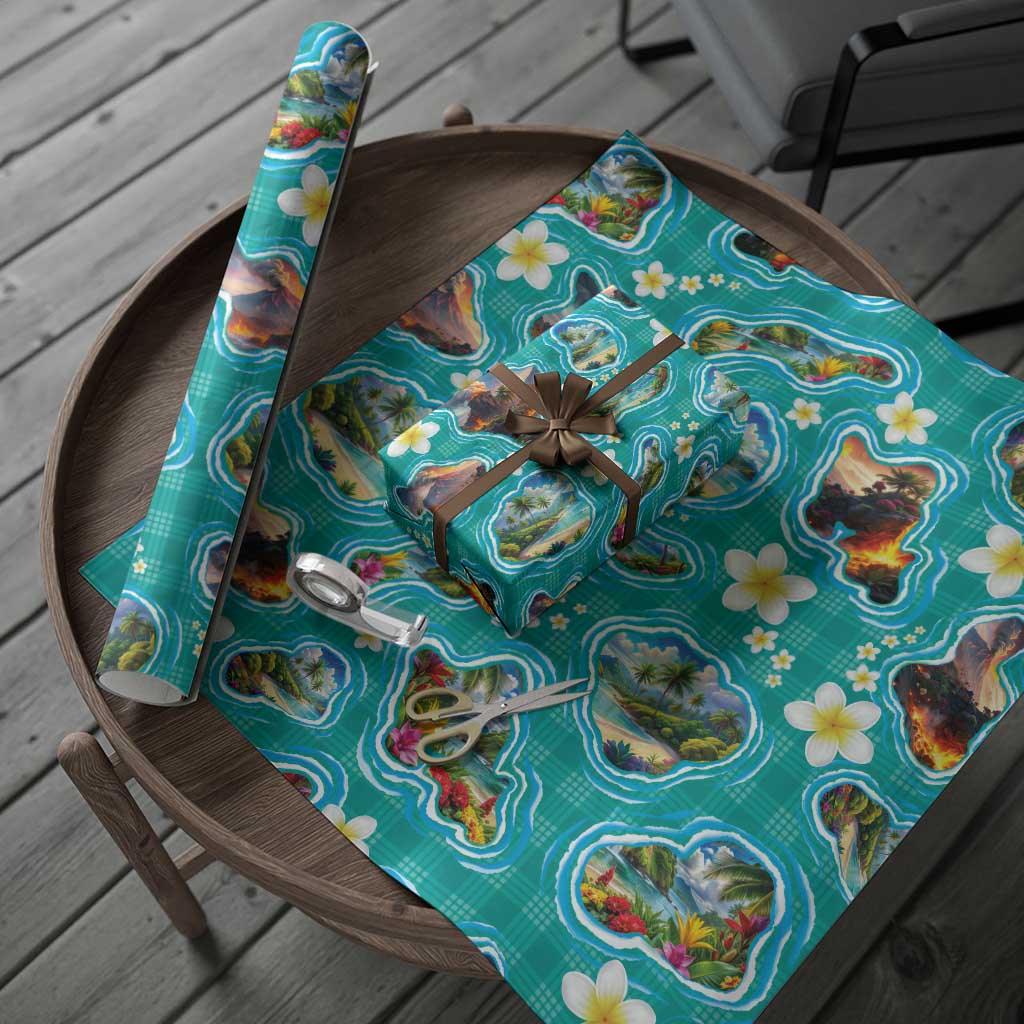 Hawaii Map with Plumeria Flower and Palaka Pattern Wrapping Paper Tropical Island Teal Design