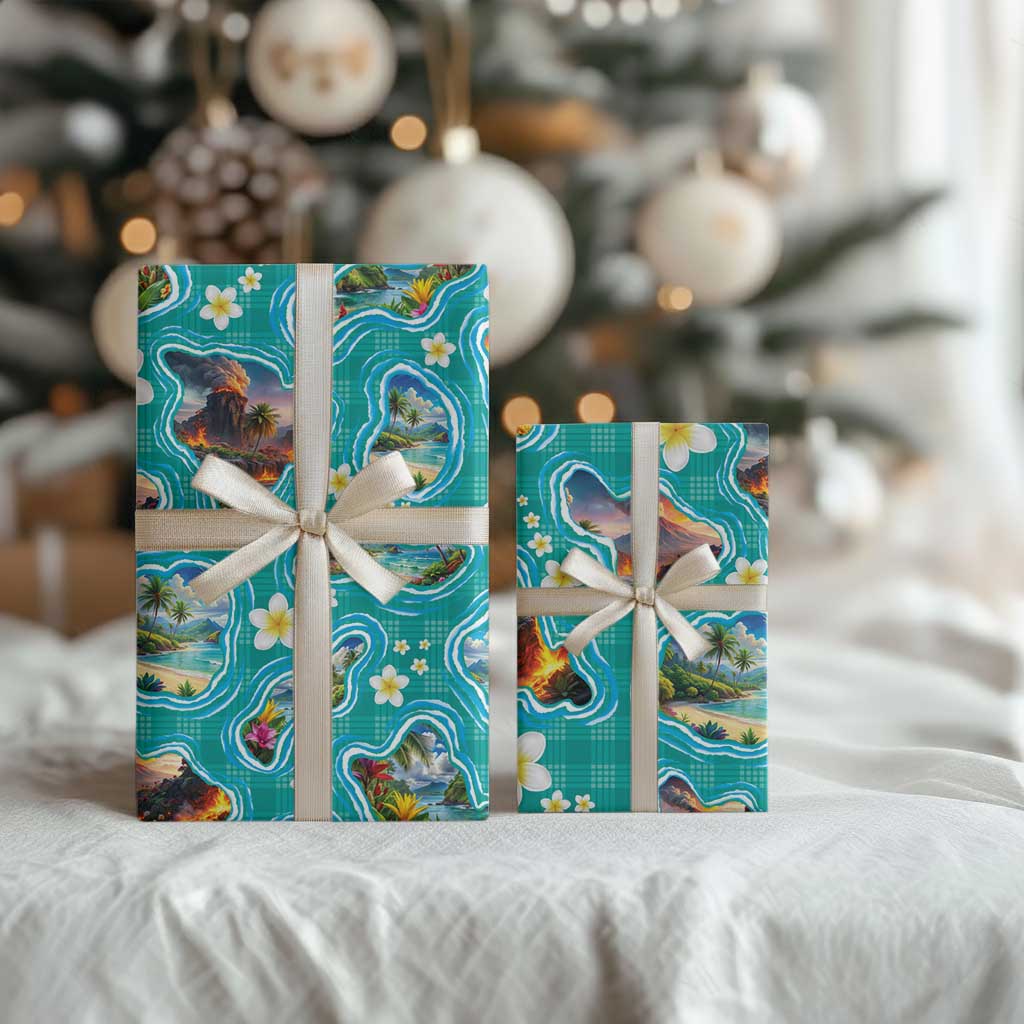 Hawaii Map with Plumeria Flower and Palaka Pattern Wrapping Paper Tropical Island Teal Design