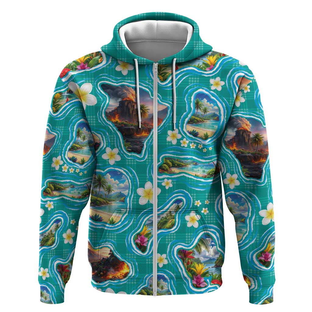 Hawaii Map with Plumeria Flower and Palaka Pattern Zip Hoodie Tropical Island Teal Design