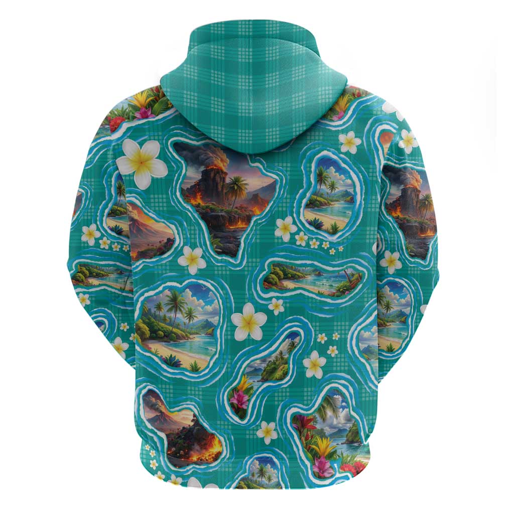 Hawaii Map with Plumeria Flower and Palaka Pattern Zip Hoodie Tropical Island Teal Design