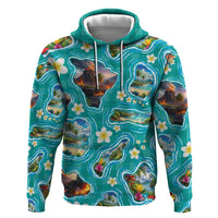 Hawaii Map with Plumeria Flower and Palaka Pattern Zip Hoodie Tropical Island Teal Design