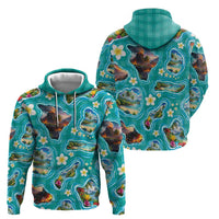 Hawaii Map with Plumeria Flower and Palaka Pattern Zip Hoodie Tropical Island Teal Design