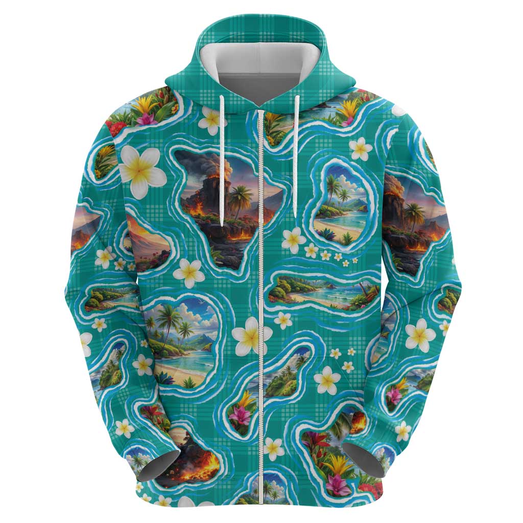 Hawaii Map with Plumeria Flower and Palaka Pattern Zip Hoodie Tropical Island Teal Design