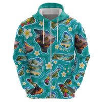 Hawaii Map with Plumeria Flower and Palaka Pattern Zip Hoodie Tropical Island Teal Design