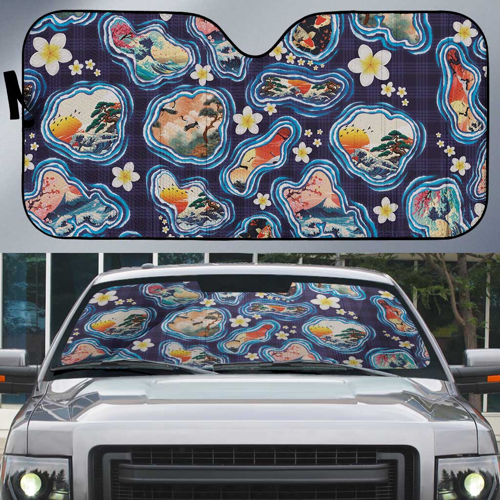 Hawaii Islands Map Design with Japanese Landscape Auto Sun Shade Hawaiian Japan Fusion Art Navy Color LT03 Navy - Polynesian Pride