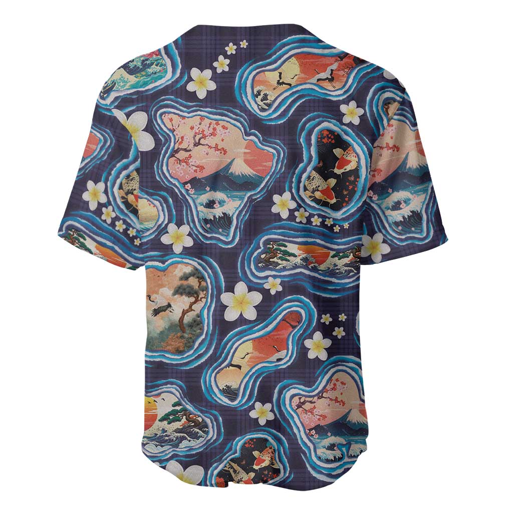 Hawaii Islands Map Design with Japanese Landscape Baseball Jersey Hawaiian Japan Fusion Art Navy Color