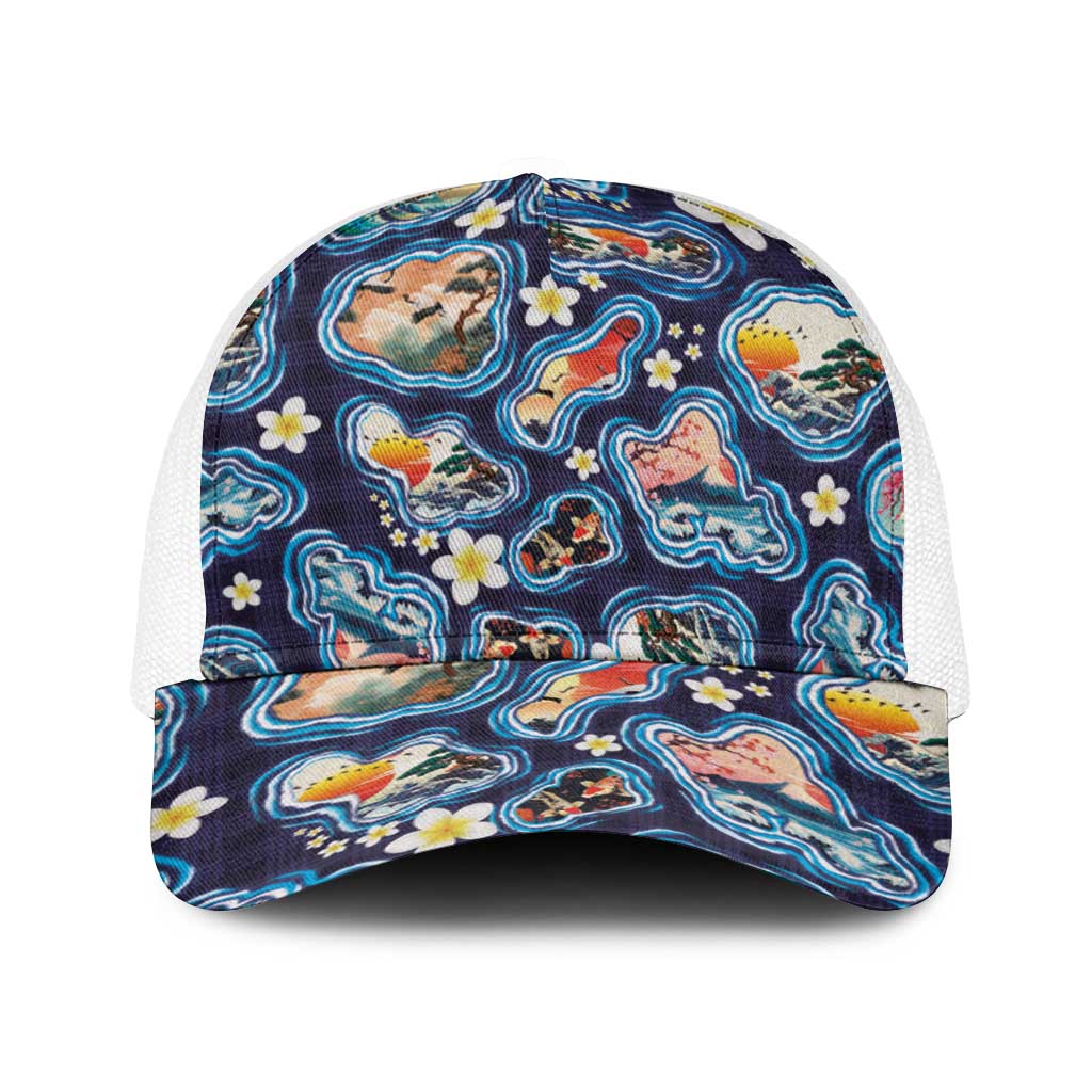 Hawaii Islands Map Design with Japanese Landscape Baseball Net Cap Hawaiian Japan Fusion Art Navy Color LT03 One Size White Navy - Polynesian Pride